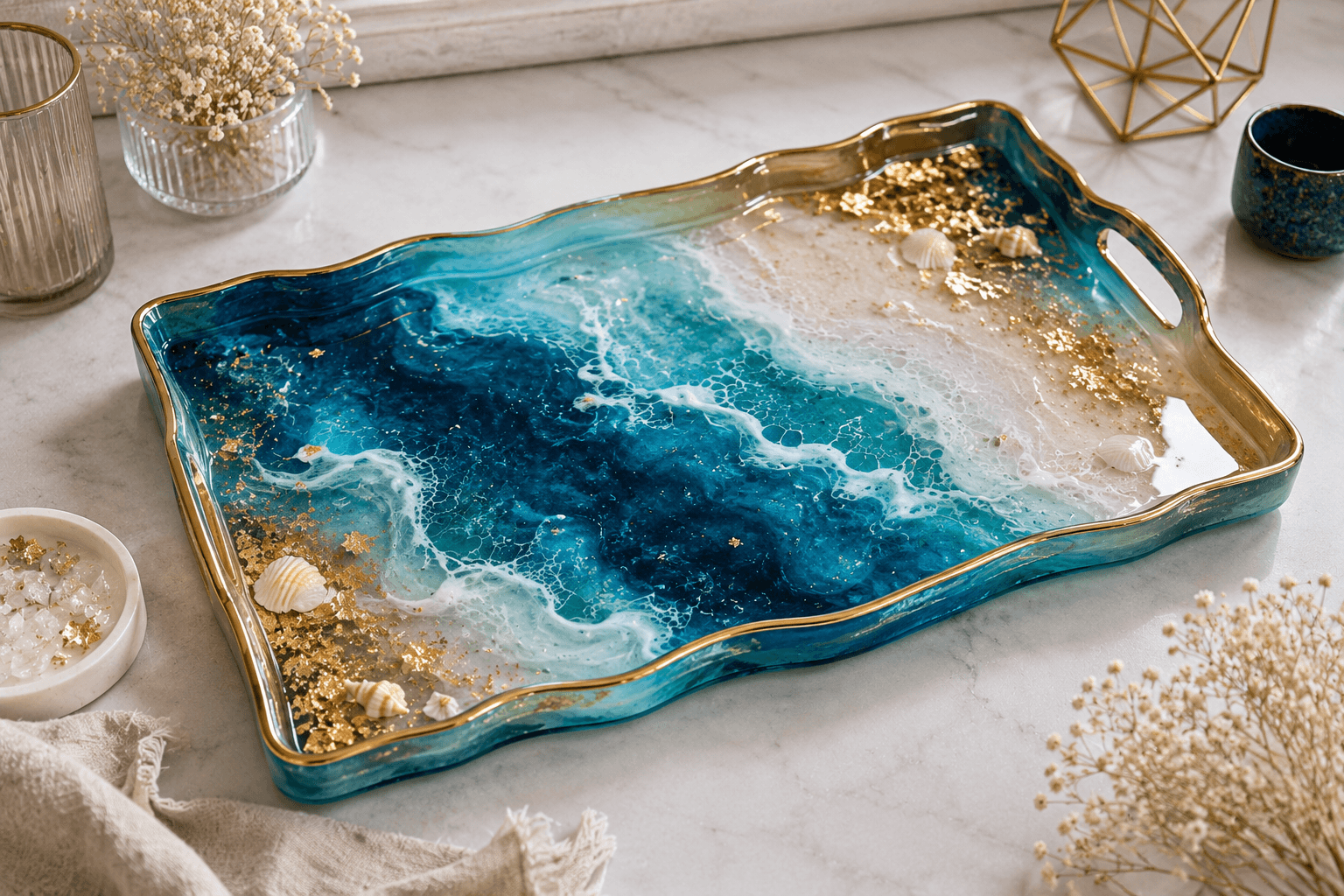 Bandeja decorativa elaborada con resina epóxica en tonos azules y detalles dorados